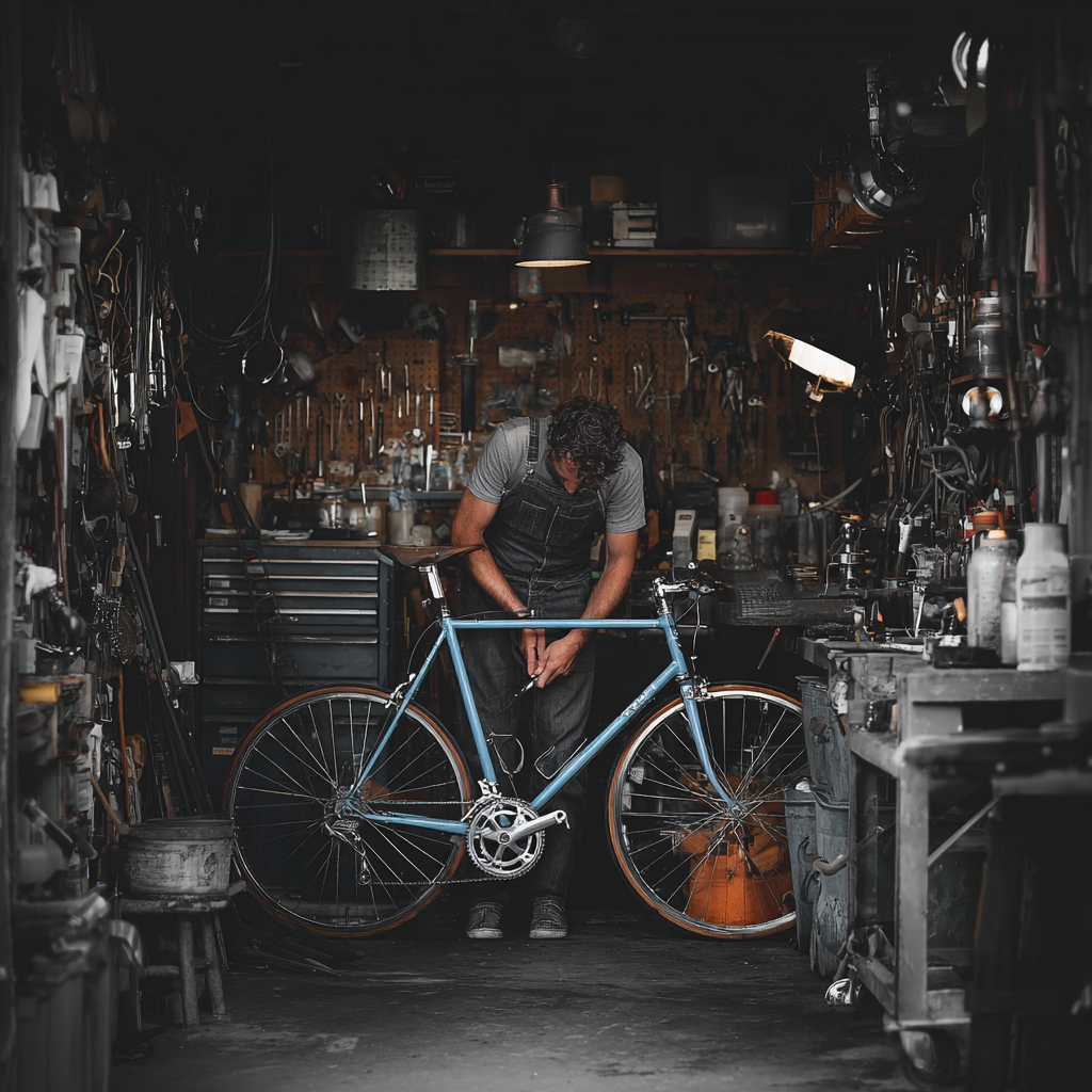mężczyzna serwisuje swój rower